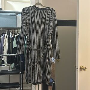 Ann Taylor Sweater Dress Women XL Black Gray Herringbone Midi Crew Neck